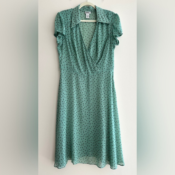 JBS Ltd Vintage 90s Teal and Brown Polka Dot Wrap Sheer Midi Dress, Size 14 - Picture 1 of 16
